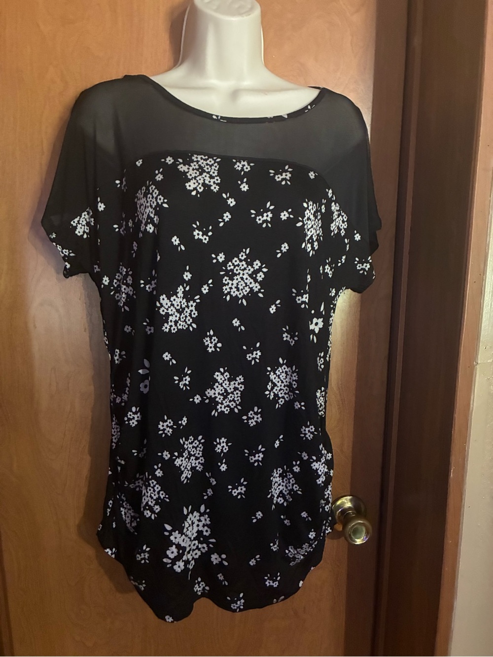 Black Floral Print Sheer Yoke Women’s Top